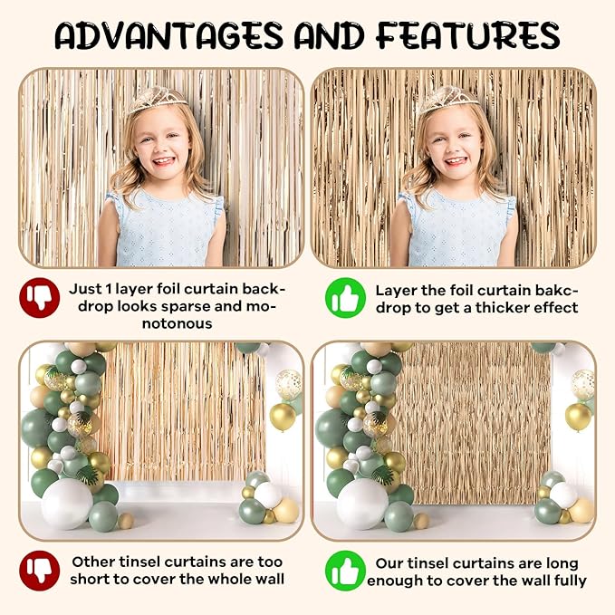 2 Pack Champagne Foil Fringe Backdrop Curtains, Tinsel Streamers Birthday Party - Image 5