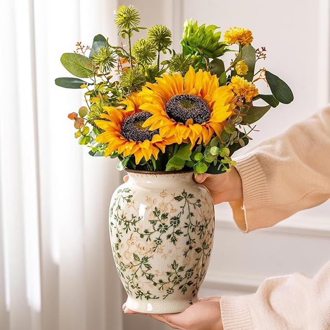 Vintage Green and Beige Vase, Round Ceramic Floral Vases, Retro Ice Cracked - Image 2