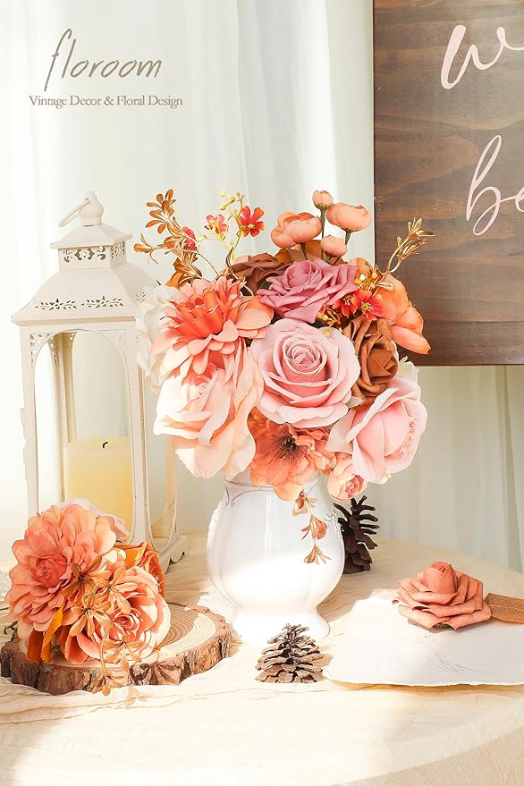 Floroom Terracotta Artificial Flowers Burnt Orange Fake Roses Dahlias and - Image 2