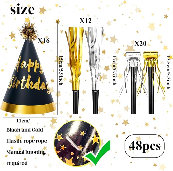 48 Pcs Gold Birthday Party Hats Gold Cone Hats Includes 16 Birthday Paper Hats - Image 2
