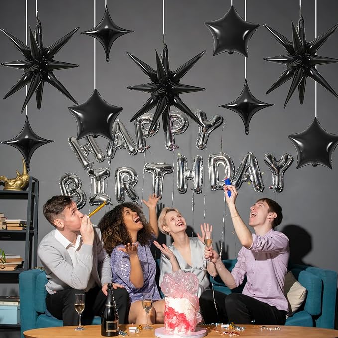 Black Star Balloons, 22in Large Star Balloons Foil 10in 4-Pointed & Black - Image 7