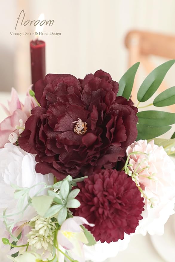 Floroom Burgundy Artificial Flowers Marsala Fake Roses Peonies Dahlia Greenery - Image 3