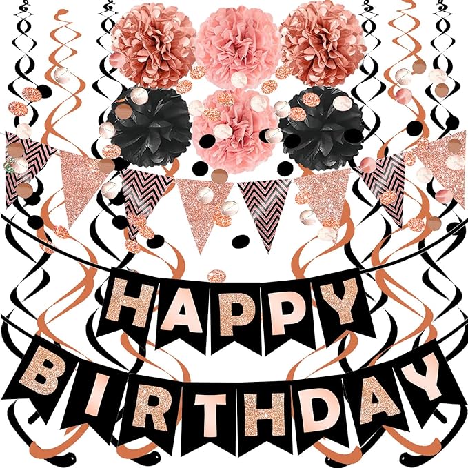 FECEDY Rose Gold Theme Happy Birthday Banner Flag Bunting Paper Circle Confetti by FECEDY