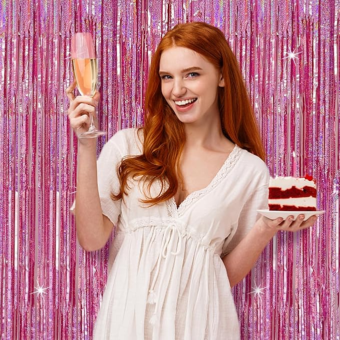 Tinsel Curtain Party Backdrop Pink Birthday Decorations 2 Packs Glitter Foil - Image 6