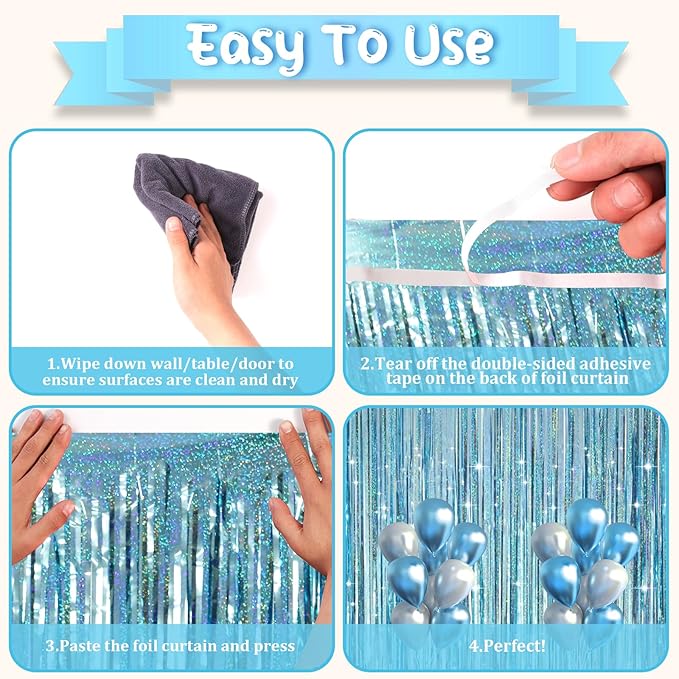 2 Pack Laser Light Blue Foil Fringe Curtains, Tinsel Streamers Birthday Party - Image 3