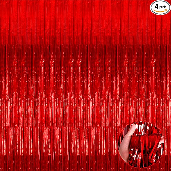 4 Pack Red Foil Fringe Curtain Backdrop, 3.28Ft x 9.84Ft Metallic Tinsel Foil by Unknown