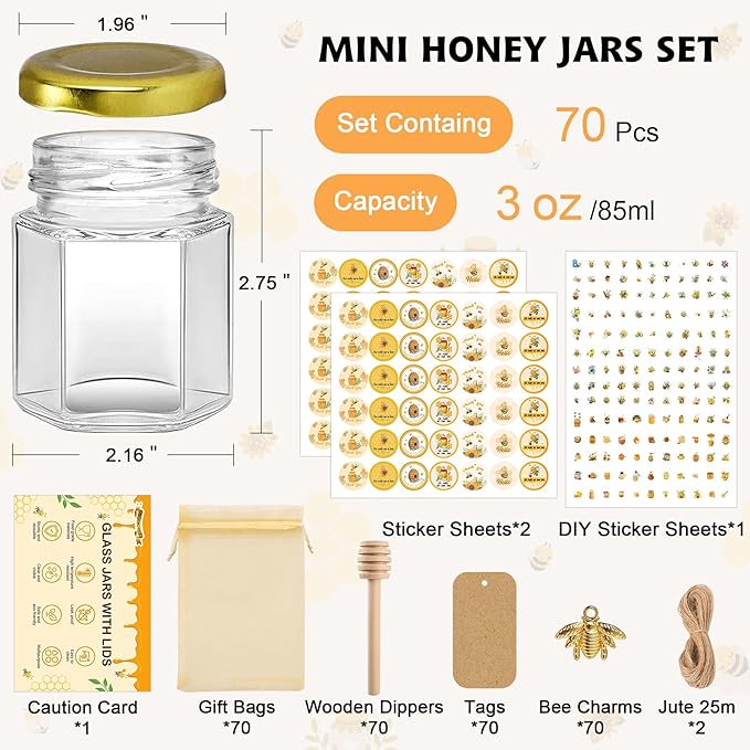 70 Pack 3 oz Mini Hexagon Glass Honey Jars - Image 3