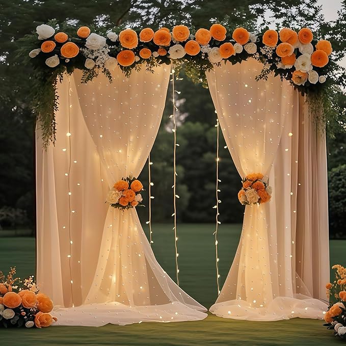 10 * 8FT Beige Pearl Tulle Double Layered Backdrop Curtain - Image 8