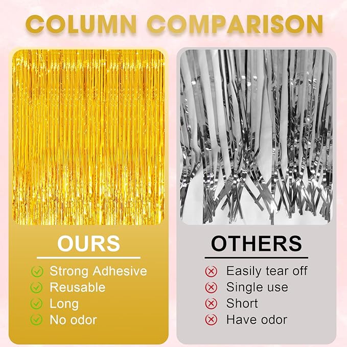 2 Pack Gold Tinsel Foil Fringe Curtains, Metallic Tinsel Party Streamers - Image 5