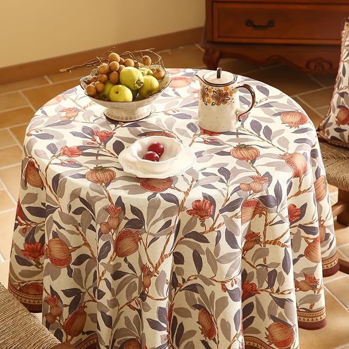 patdrea Designer Linen Round Tablecloth, Vintage Pomegranates and Leaves Tree - Image 4