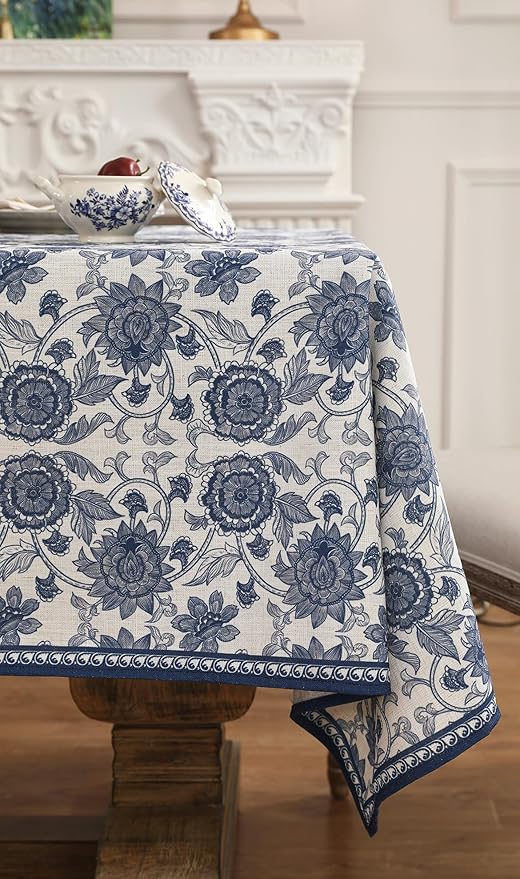 patdrea Designer Vintage Blue Rectangle Tablecloth, Linen Anti-Wrinkle Paisley - Image 8