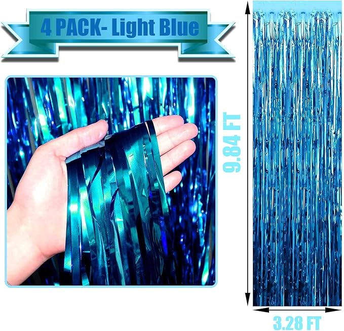 4 Pack Lake Blue Foil Fringe Curtain Backdrop, 3.3Ft x 9.8Ft Metallic Tinsel - Image 2