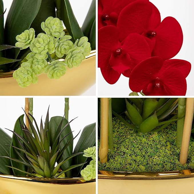Briful Orchid Artificial Flowers 17in Red Fake Orchid Silk Flowers in Gold - Image 4