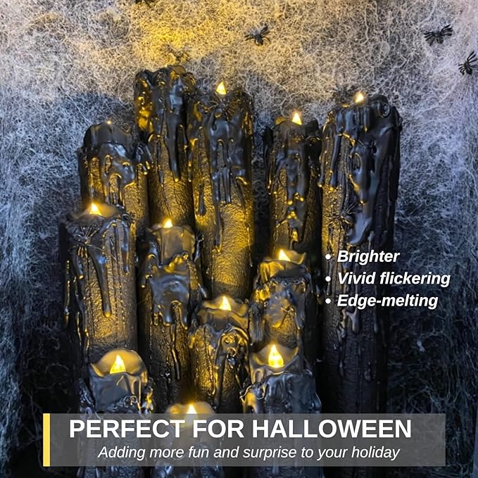 Homemory 24-Pack Halloween Black Dripping Flameless Tea Lights, Battery - Image 3