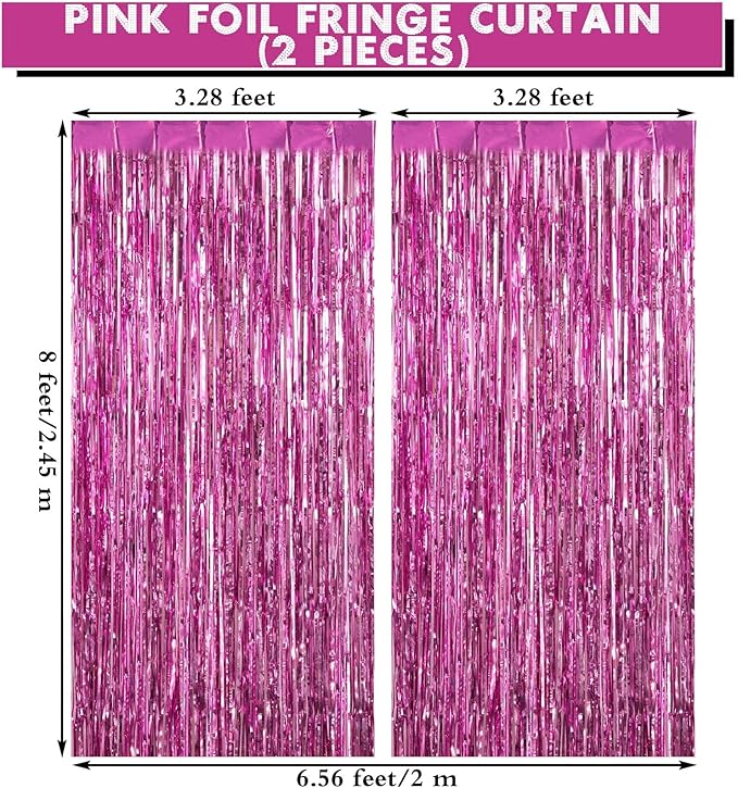 2 Pack Pink Fringe Curtains Foil Shiny Fringe Backdrop Tinsel Door Streamers - Image 2