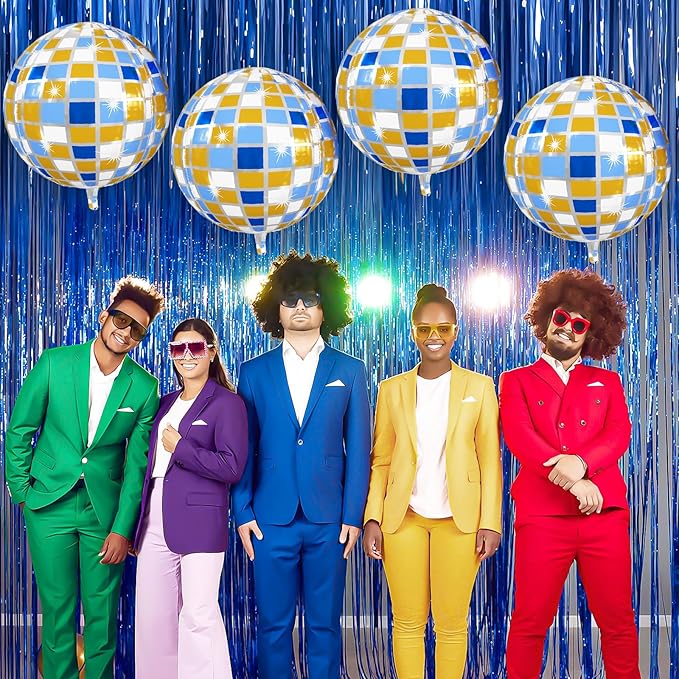 Disco Ball Balloons Blue Gold 4PC, Foil Disco Balloons 22 Inch 4D Round Blue - Image 4