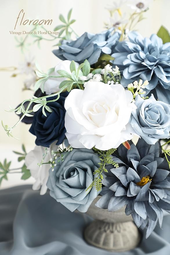 Floroom Dusty Blue Navy Artificial Flowers Fake Roses Peonies Dahlias and - Image 3