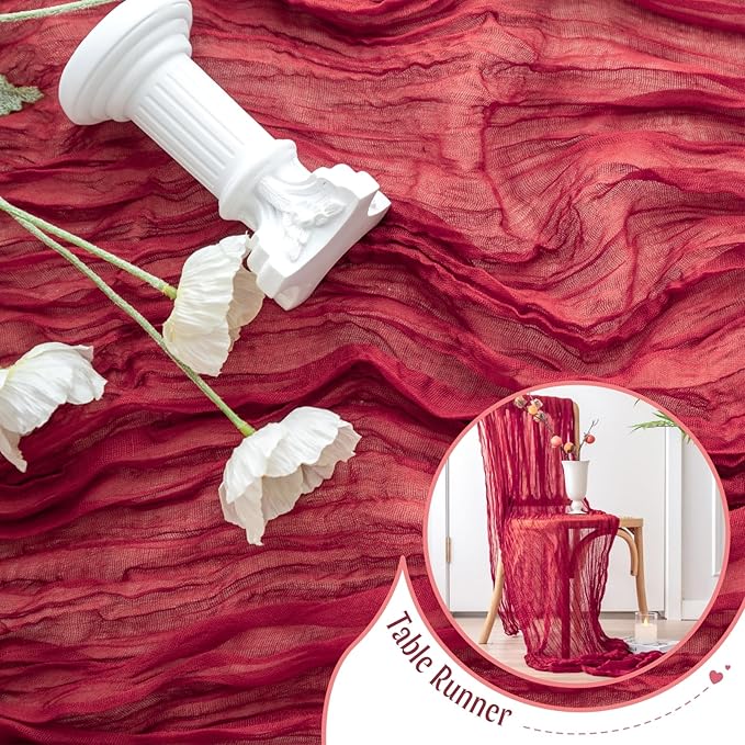 Sioloc Burgundy Red Cheesecloth Table Runner Fall Autumn Decor - Image 6