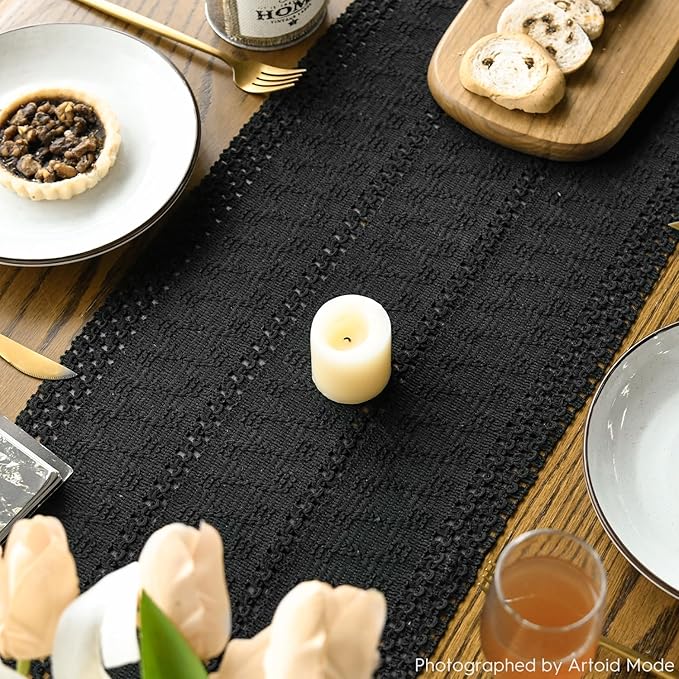Artoid Mode Black Farmhouse Woven Rustic Hollow Table Runner, Seasonal Holiday - Image 4