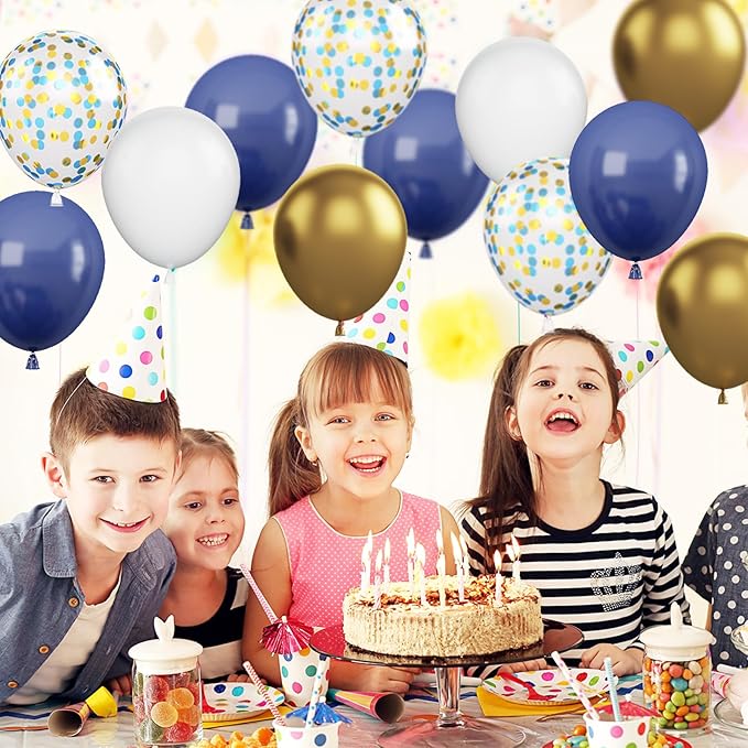 Navy Blue and Gold Balloons, 12 Inch Metallic Gold Blue Confetti Balloons White - Image 4