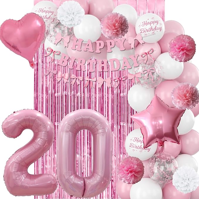 20th Birthday Decorations for Girls Pink Number 20 Balloon Bow Coquette Happy - Image 7