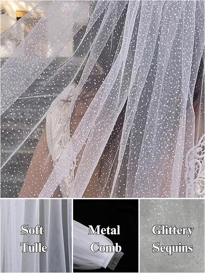 Short Glitter Wedding Bridal Veil - Image 5