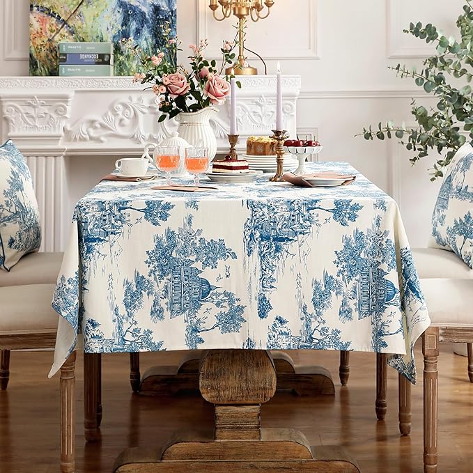 patdrea Designer Square Cyan Tablecloth, Vintage Linen - Image 4