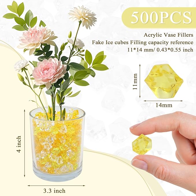 YATOJUZI 500pcs Fake Ice Cubes Yellow Acrylic Crushed Rocks Vase Fillers - Image 2