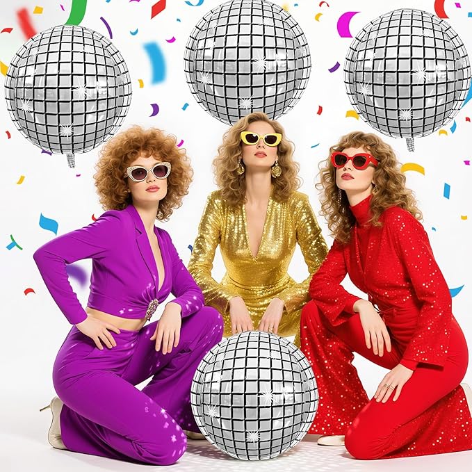Disco Ball Balloons 4PC, Foil Disco Balloons 22 Inch 4D Round Metallic Silver - Image 5