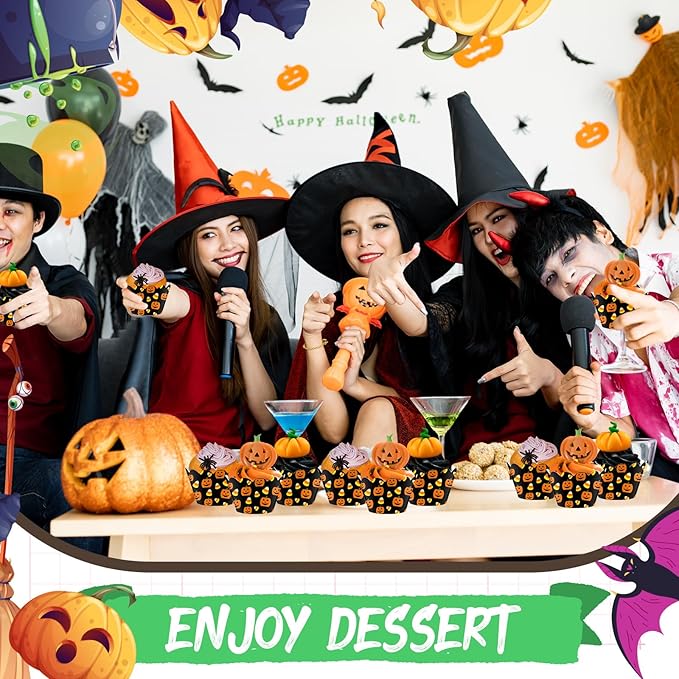 Domensi 100 Pcs Halloween Pumpkin Cupcake Wrappers Rustic Cupcake Liners - Image 5