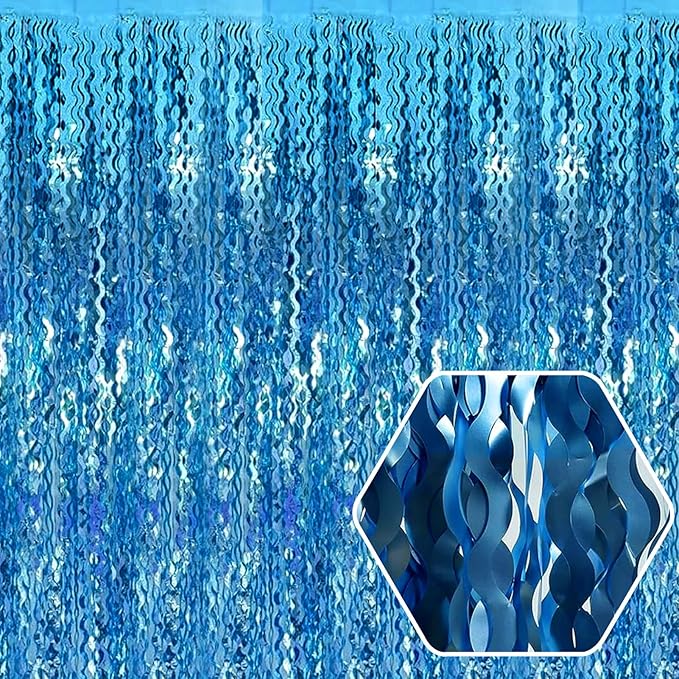 4 Pack Lake Blue Wave Foil Fringe Curtain Backdrop, 3.28Ft x 8.2Ft Metallic by Ferwzsr