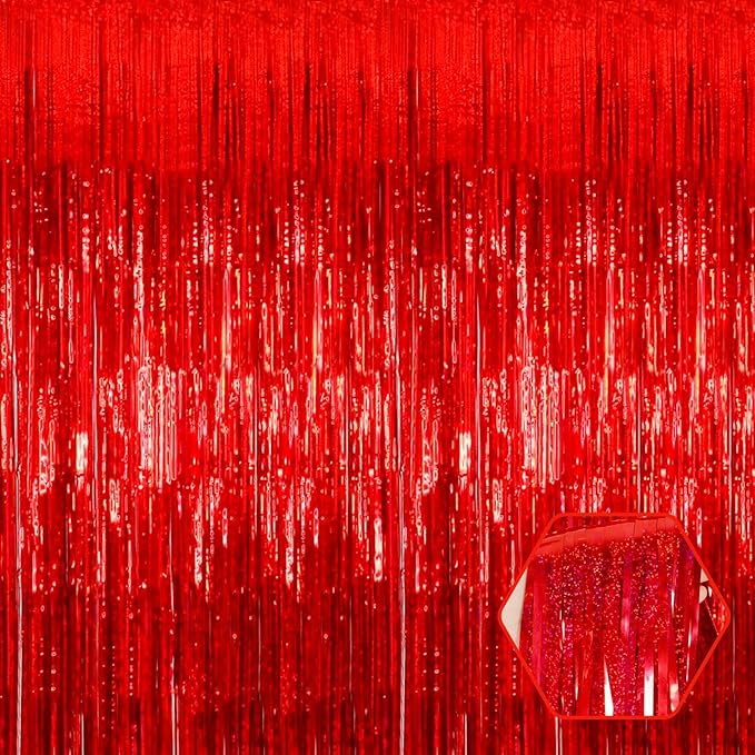 3 Pack Red Foil Fringe Curtain Backdrop, 3.28Ft x 8.2Ft Metallic Tinsel Foil by Ferwzsr