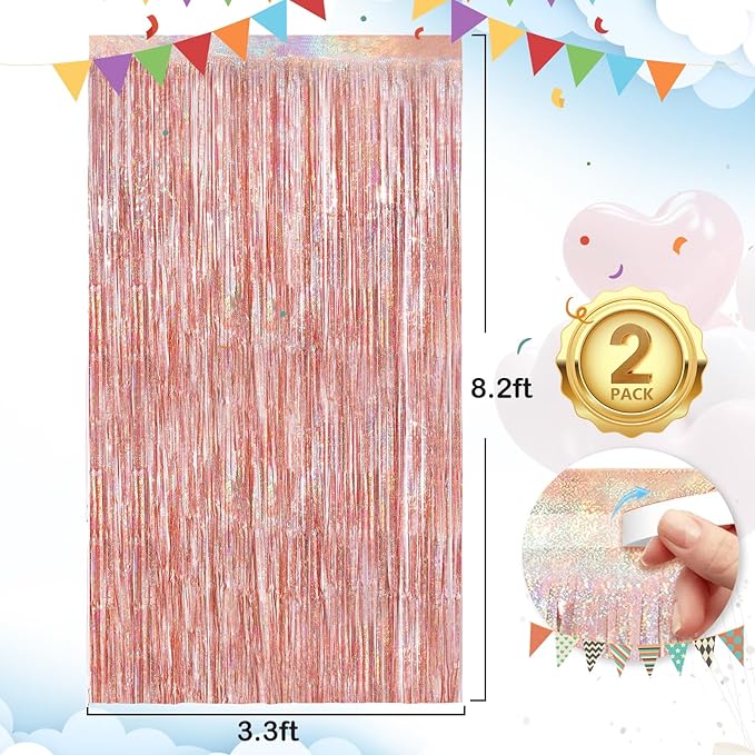 Rose Gold Foil Party Streamers 2 Pack Metallic Tinsel Fringe Curtain 3.3X 8.3ft - Image 3
