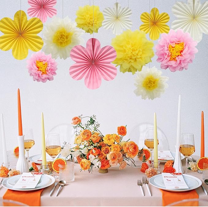 BestoFun 12PCS Paper Flowers Fans Pink Yellow Party Decorations Tissue Paper - Image 6