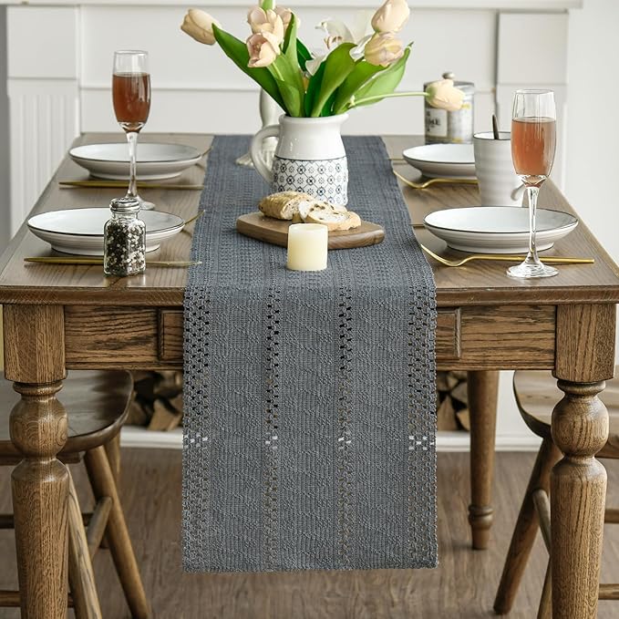 Artoid Mode Dark Grey Farmhouse Woven Rustic Hollow Table Runner, Seasonal - Image 2