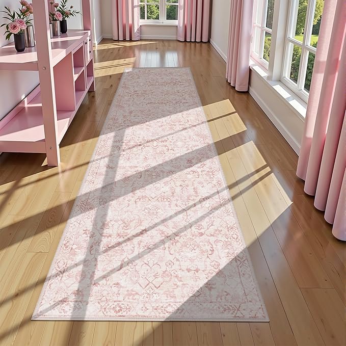 Pink 3x12 Runner Rug for Hallways Bed Side Kitchen, Boho Washable Distressed by Deerly