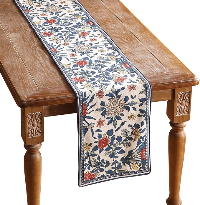 patdrea Designer Blue Cottage Rustic Floral Patterned Linen Table Runner 102 by Welcometopatdrea