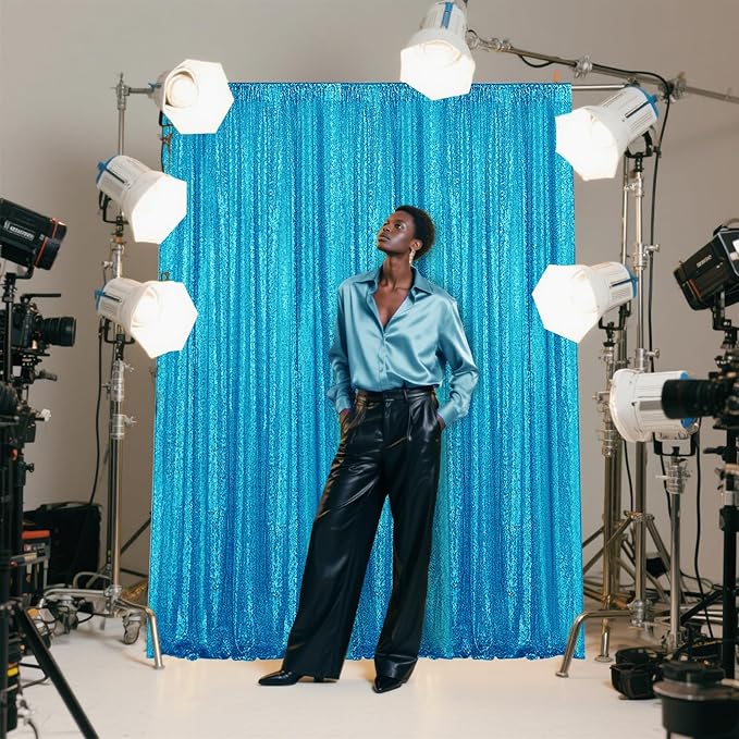 Turquoise Sequin Backdrop Curtain 2 Pieces 2FTx8FT Glitter Photography Backdrop - Image 3
