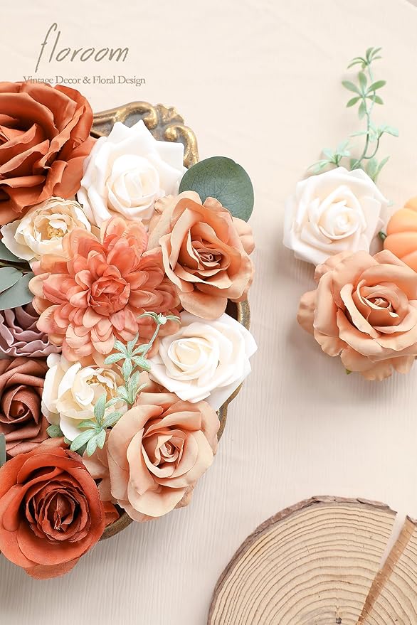 Floroom Terracotta Artificial Flowers Burnt Orange Fake Roses Peonies Dahlia - Image 2