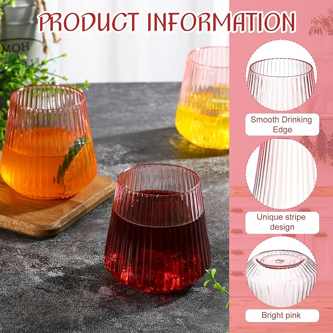 24 Pcs Pink Plastic Wine Glasses Ribbed Disposable Wine Glasses Unbreakable - Image 3