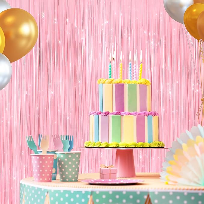 2 Pack Pastel Pink Metallic Tinsel Foil Fringe Curtains, Door Streamers Photo - Image 5