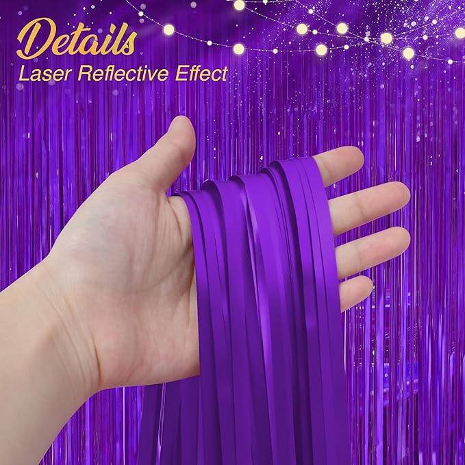 2 Pack Metallic Purple Fringe Backdrop, 3.2x8.2ft Shining Foil Tinsel Curtains - Image 3