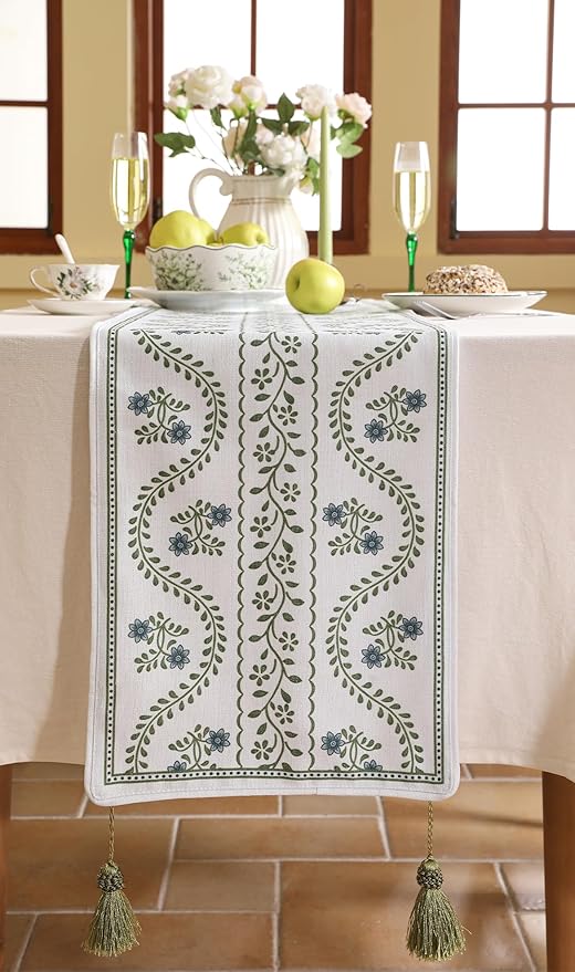 ISAENNE Designer White Elegant Linen Table Runner 87 Inches Long, Chinoiserie - Image 6