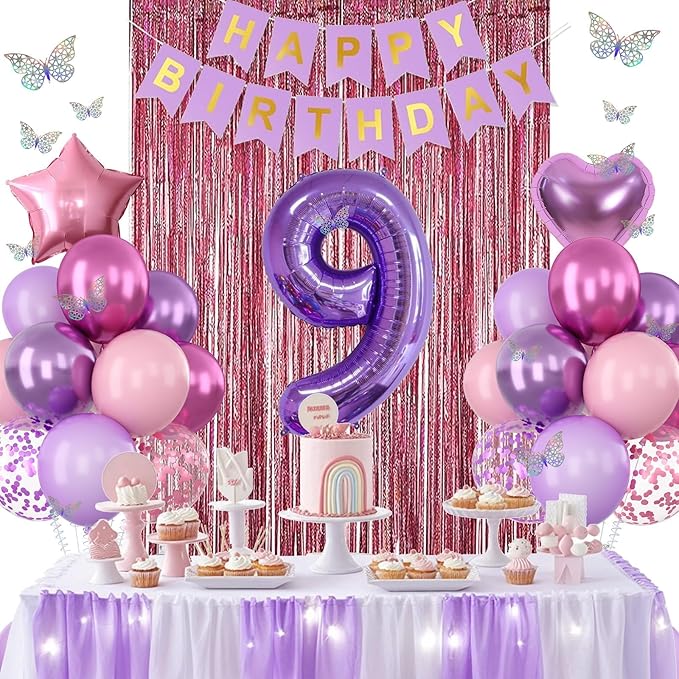 Pink Purple 9th Birthday Party Decorations - Image 4