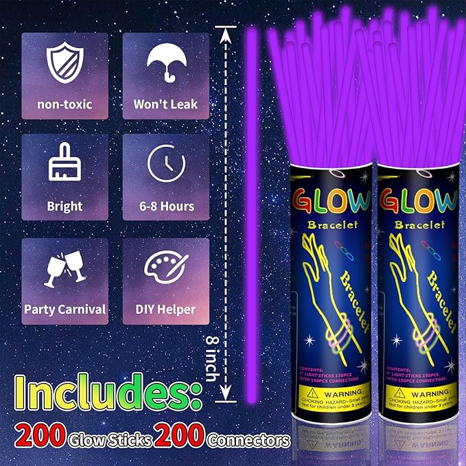 200 Pack 8'' Glow Sticks Bulk Party Favors Purple Light Up Sticks - Image 2