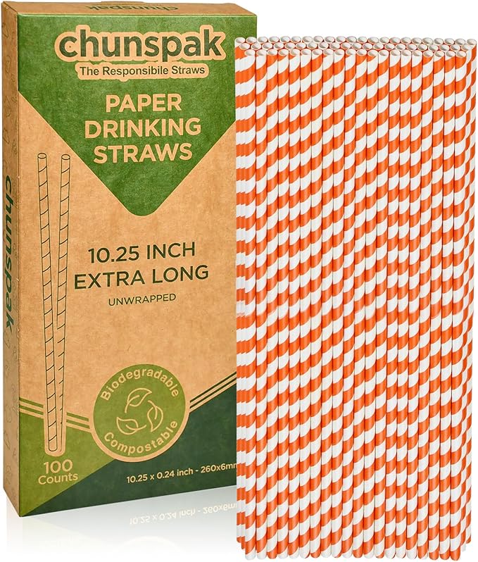 Orange Striped Paper Drinking Straws, 10.25 Inch Long, Halloween Party by chunspak