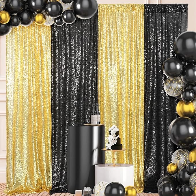 4 Panels Black&Gold Sequin Backdrop Curtain 2FTx8FT Glitter Sequin Backdrop by JuyaDelight