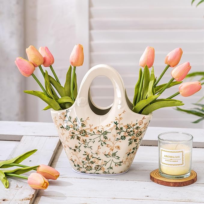 Ceramic Purse Vase for Flowers, Cute Handbag Vases, Vintage Green and Beige by SUREYUESI