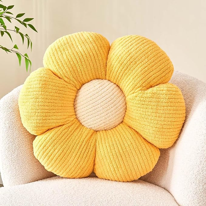 Flower Throw Pillow, Soft Yellow 17.7" Shaped Floor Pillow by Kcvvcr