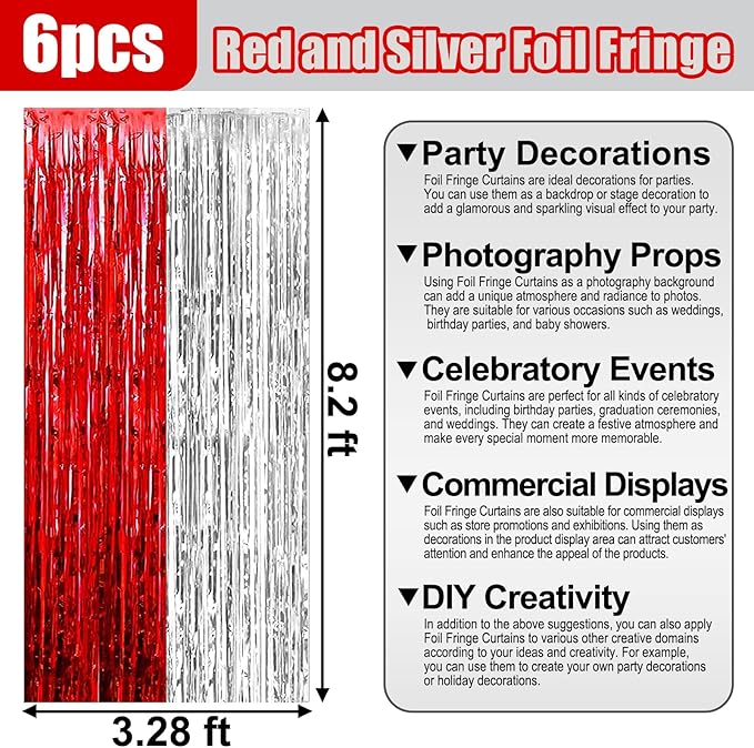 6 Pack Red Silver Foil Fringe Curtain Backdrop, 3.28Ft x 8.2Ft Metallic Tinsel - Image 2